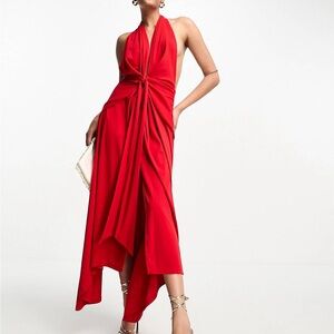 Red Asos Plunge Halter Dress